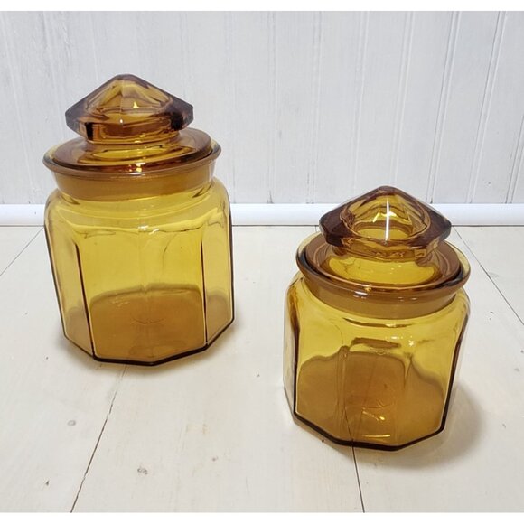 Vtg LE Smith 10 Panel Amber Glass Apothecary Lid Jar 5.25 & 7.25 Canister Set 2‎ - Picture 8 of 12